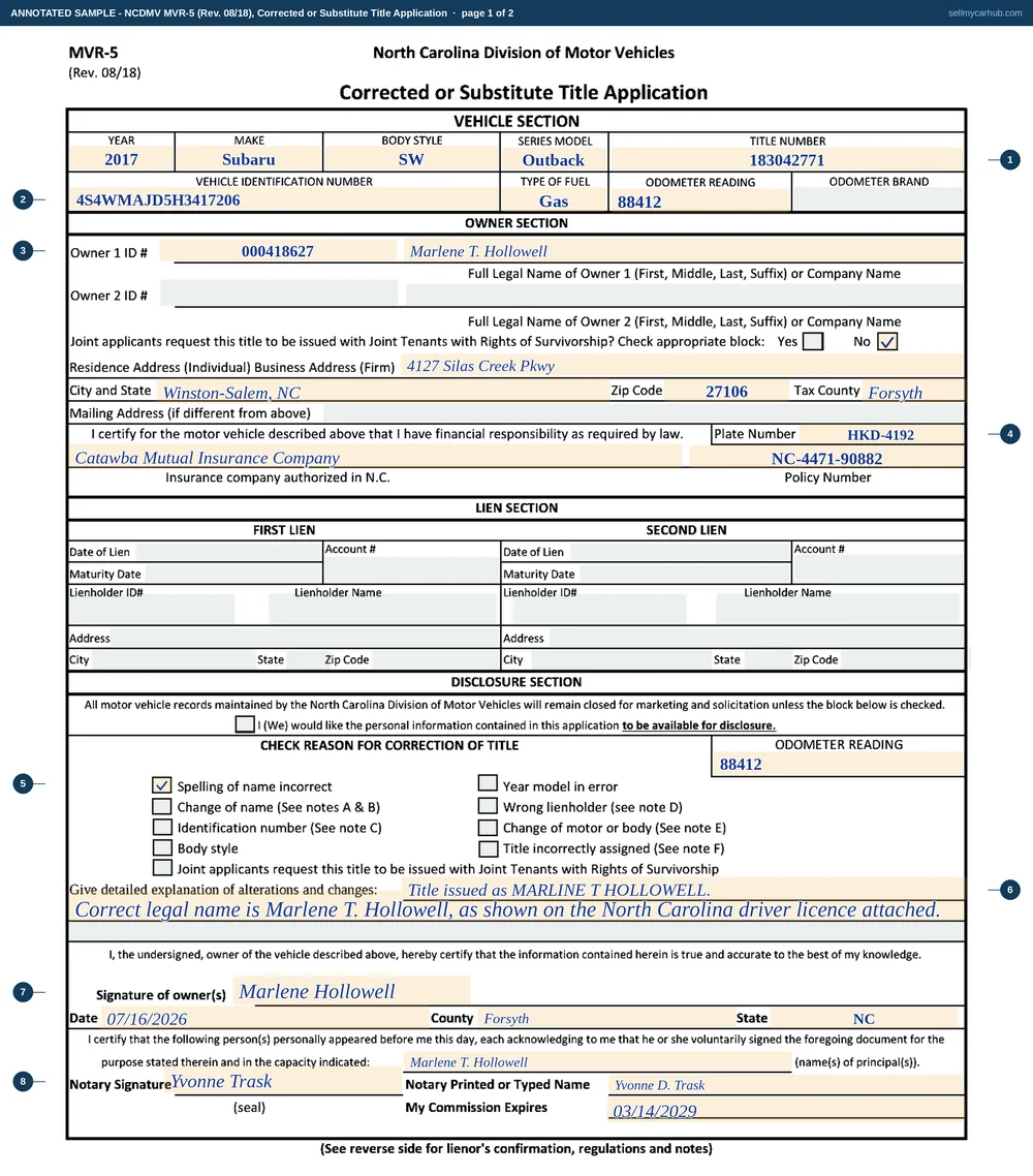 A North Carolina MVR-5 corrected or substitute title application filled in across two pages: page one showing a 2017 Subaru Outback with title number 183042771 and VIN 4S4WMAJD5H3417206, owner Marlene T. Hollowell of Winston-Salem, plate HKD-4192, the spelling of name incorrect box ticked, an explanation that the title was issued as MARLINE T HOLLOWELL, and a completed notary block; page two showing the certificate of confirmation by lienor and the rules about changes of motors and bodies, greyed because no lienholder is involved.