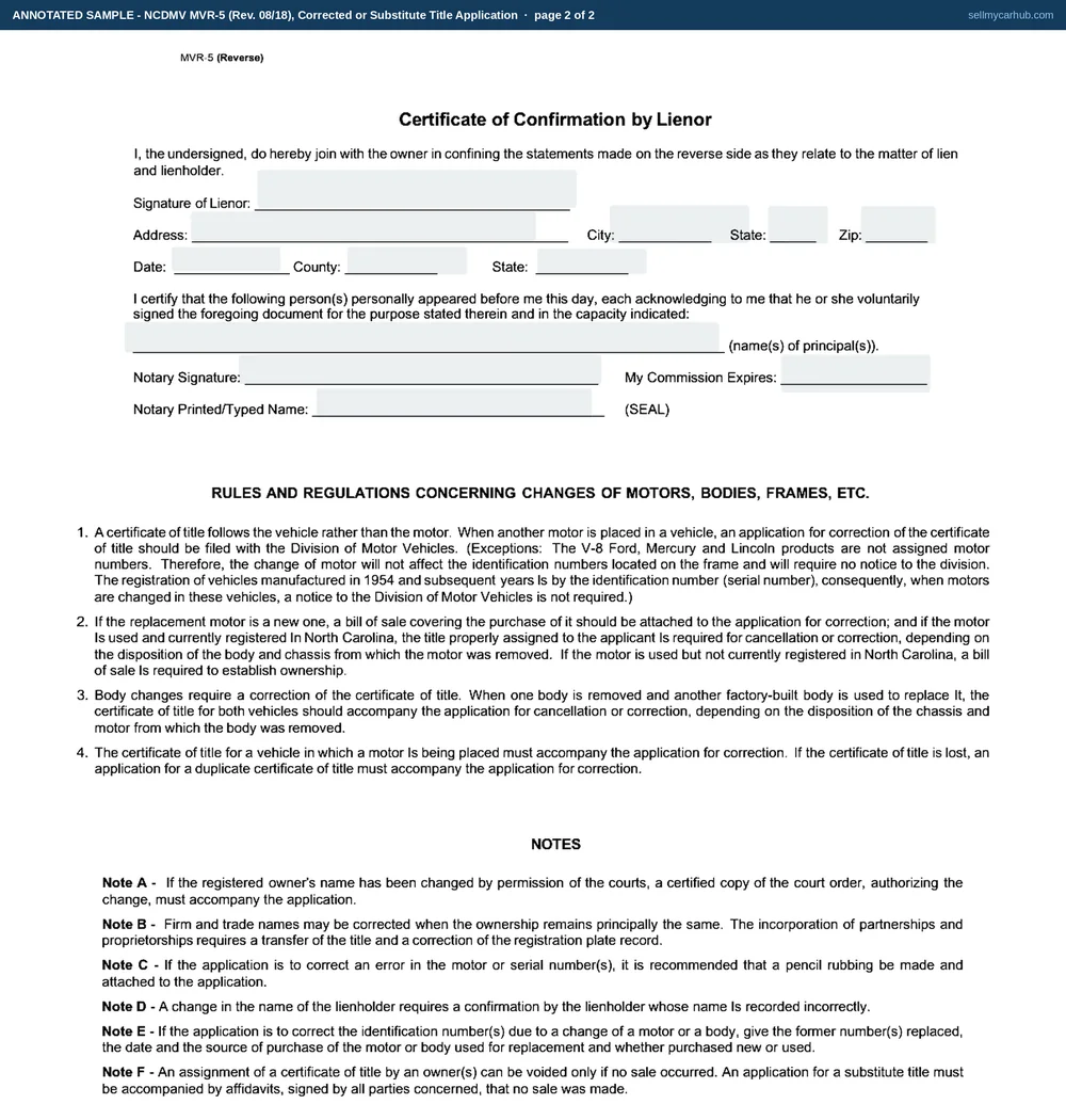 A North Carolina MVR-5 corrected or substitute title application filled in across two pages: page one showing a 2017 Subaru Outback with title number 183042771 and VIN 4S4WMAJD5H3417206, owner Marlene T. Hollowell of Winston-Salem, plate HKD-4192, the spelling of name incorrect box ticked, an explanation that the title was issued as MARLINE T HOLLOWELL, and a completed notary block; page two showing the certificate of confirmation by lienor and the rules about changes of motors and bodies, greyed because no lienholder is involved.
