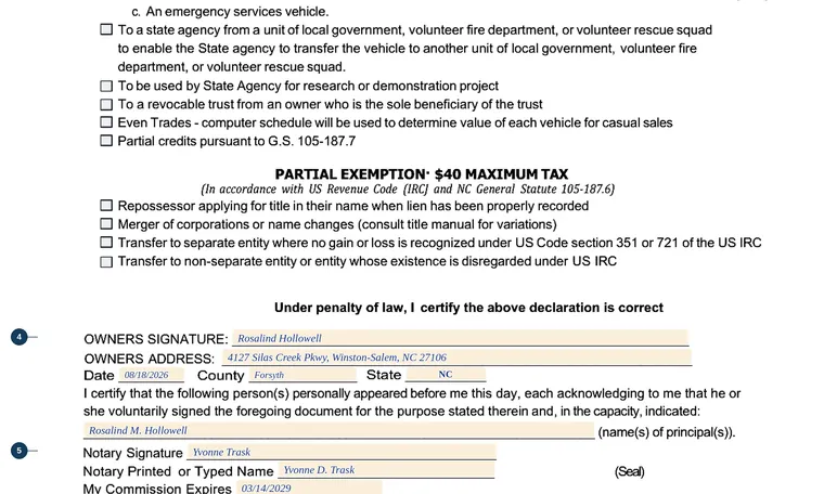 Part of our filled-in example of North Carolina MVR-613, Highway Use Tax Exemption Certification, showing the filled-in entries