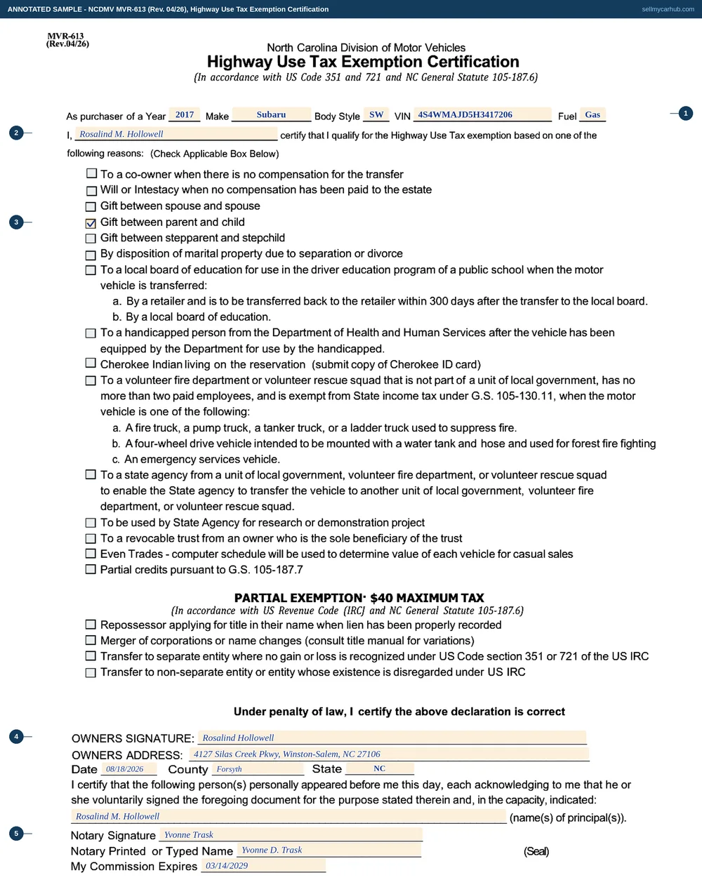 A North Carolina MVR-613 highway use tax exemption certification filled in for a 2017 Subaru Outback, VIN 4S4WMAJD5H3417206, in the name of Rosalind M. Hollowell, with the gift between parent and child box ticked and every other exemption box greyed, followed by the owner's signature, Winston-Salem address and a completed notary block.