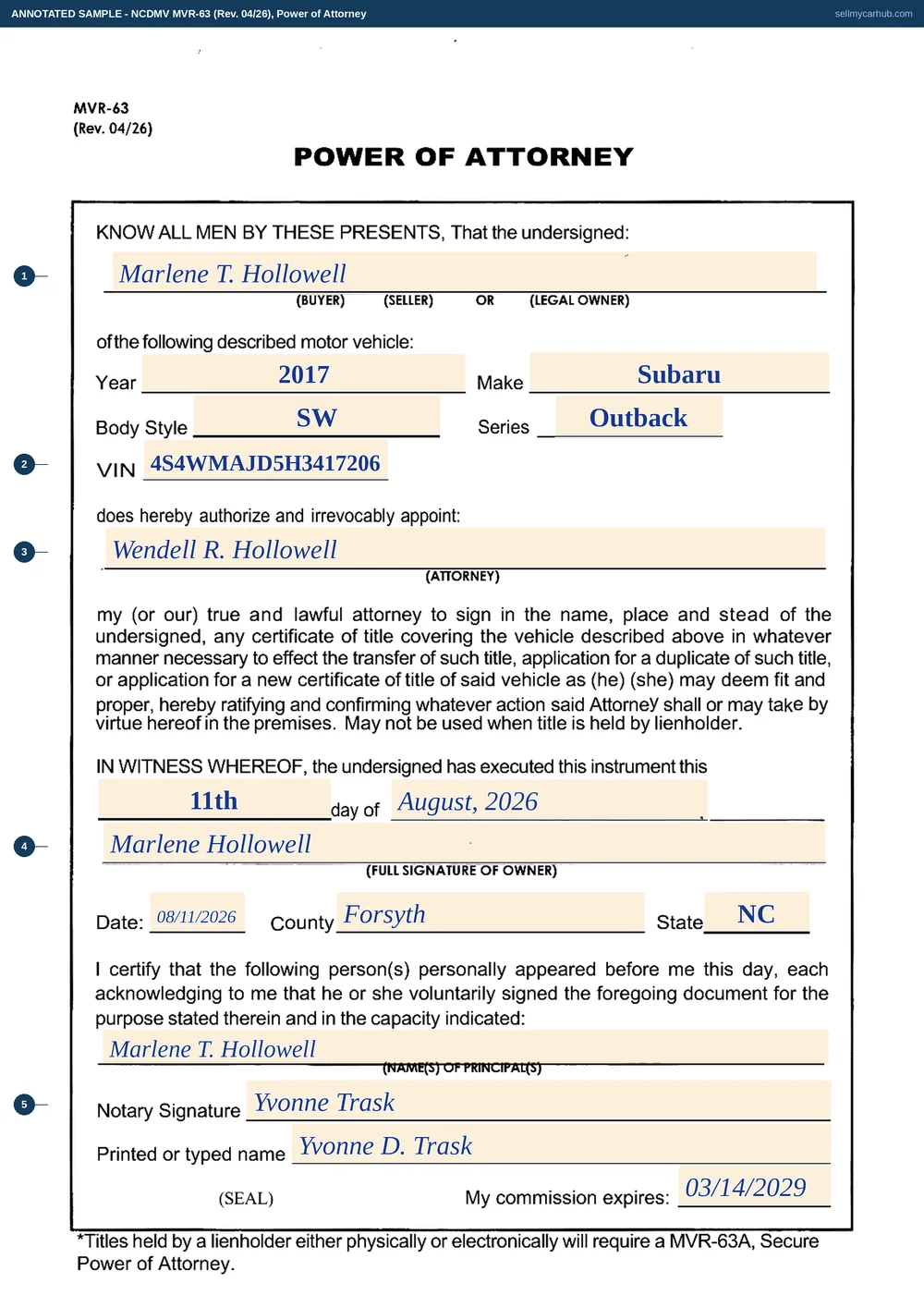 A North Carolina MVR-63 power of attorney filled in: Marlene T. Hollowell as the owner granting authority over a 2017 Subaru Outback with VIN 4S4WMAJD5H3417206, appointing Wendell R. Hollowell as attorney, executed on the eleventh day of August 2026 with her signature and a completed notary block naming Forsyth County.