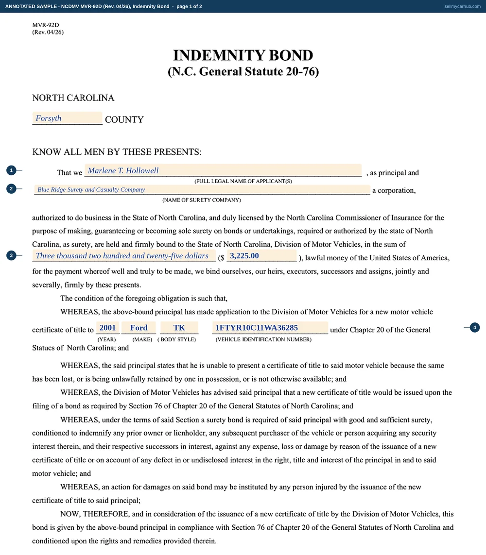 Both pages of a North Carolina MVR-92D indemnity bond filled in: page one naming Marlene T. Hollowell of Forsyth County as principal and a surety company as corporation, a bond sum of three thousand two hundred and twenty-five dollars written in words and figures, and a 2001 Ford Ranger with VIN 1FTYR10C11WA36285; page two showing the execution block dated 12 June 2026 with the individual principal signed and the surety signed by its attorney-in-fact, and the corporate principal column left empty.