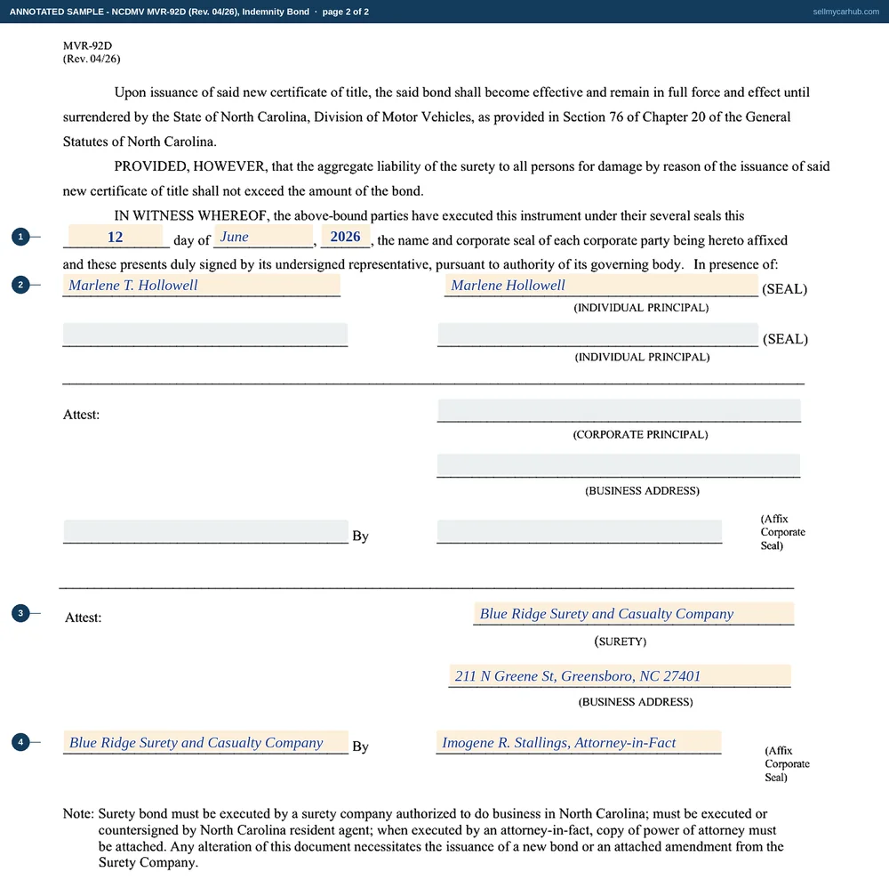 Both pages of a North Carolina MVR-92D indemnity bond filled in: page one naming Marlene T. Hollowell of Forsyth County as principal and a surety company as corporation, a bond sum of three thousand two hundred and twenty-five dollars written in words and figures, and a 2001 Ford Ranger with VIN 1FTYR10C11WA36285; page two showing the execution block dated 12 June 2026 with the individual principal signed and the surety signed by its attorney-in-fact, and the corporate principal column left empty.