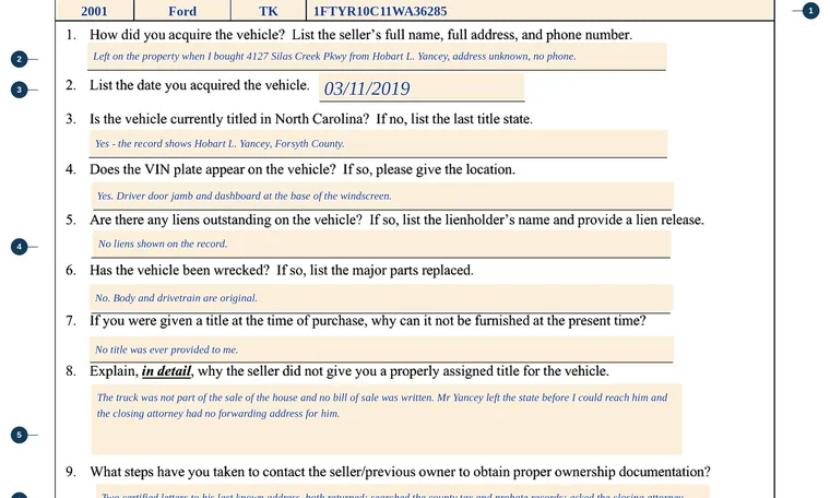 Part of our filled-in example of North Carolina MVR-92H, Affidavit of Facts to Accompany Indemnity Bond, showing the filled-in entries