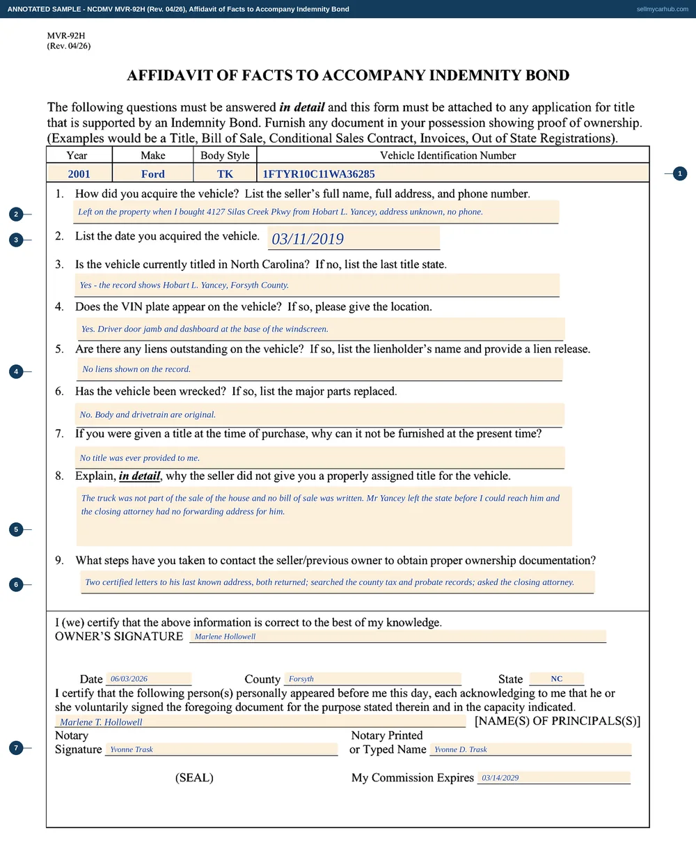 A North Carolina MVR-92H affidavit of facts filled in for a 2001 Ford Ranger with VIN 1FTYR10C11WA36285: nine answered questions describing a truck left on a property when the house was bought, acquired in March 2019, currently titled in North Carolina to the previous owner, with the VIN plate located on the driver door jamb, no liens, no accident damage, no title ever provided, and two certified letters and a records search among the steps taken to trace the seller, all sworn in front of a notary in June 2026.