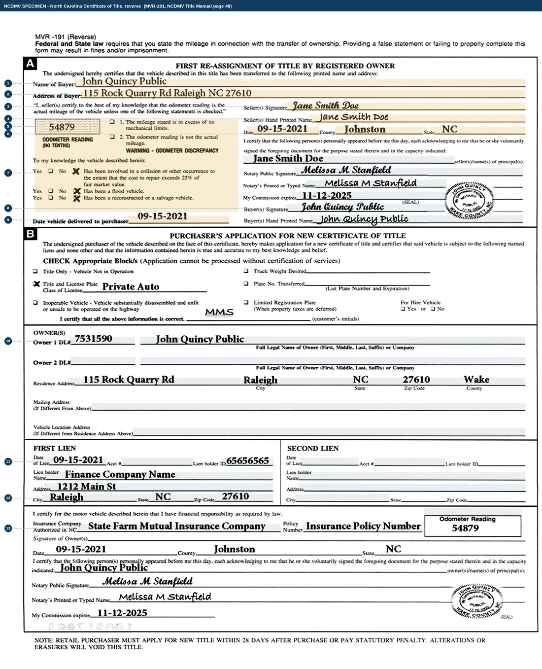 The whole reverse of a North Carolina Certificate of Title, completed on NCDMV's specimen. Section A at the top is the assignment by the registered owner, shaded amber where the seller writes; section B below it, the purchaser's application for a new certificate of title, is shaded grey throughout, covering the owner and licence number lines, the residence address, the first and second lien blocks, the insurance company and policy number and a second notarial acknowledgment.