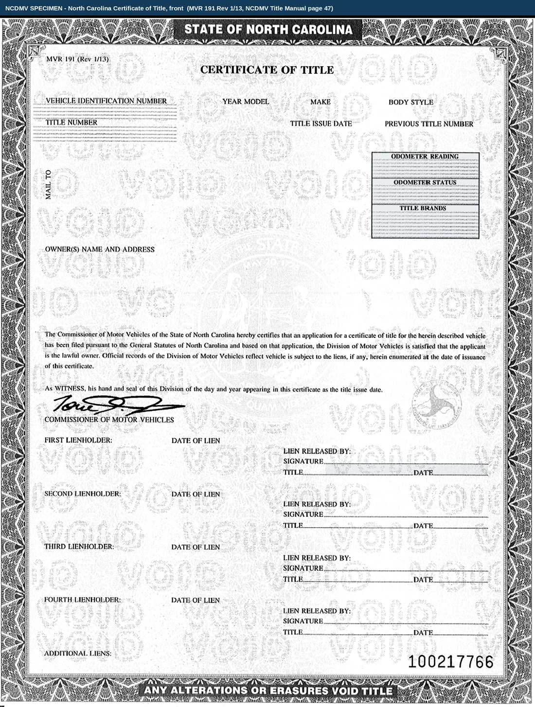The blank front of a North Carolina Certificate of Title, form MVR 191, watermarked VOID across the whole panel. The vehicle identification number, title number, owner name and address blocks are all empty; the odometer reading, odometer status and title brands panel at the top right and the first lienholder release block lower down are shaded as blocks a private seller does not complete.