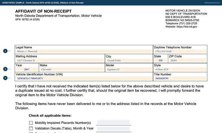 Top of our filled-in example of North Dakota SFN 16782, Affidavit of Non-Receipt