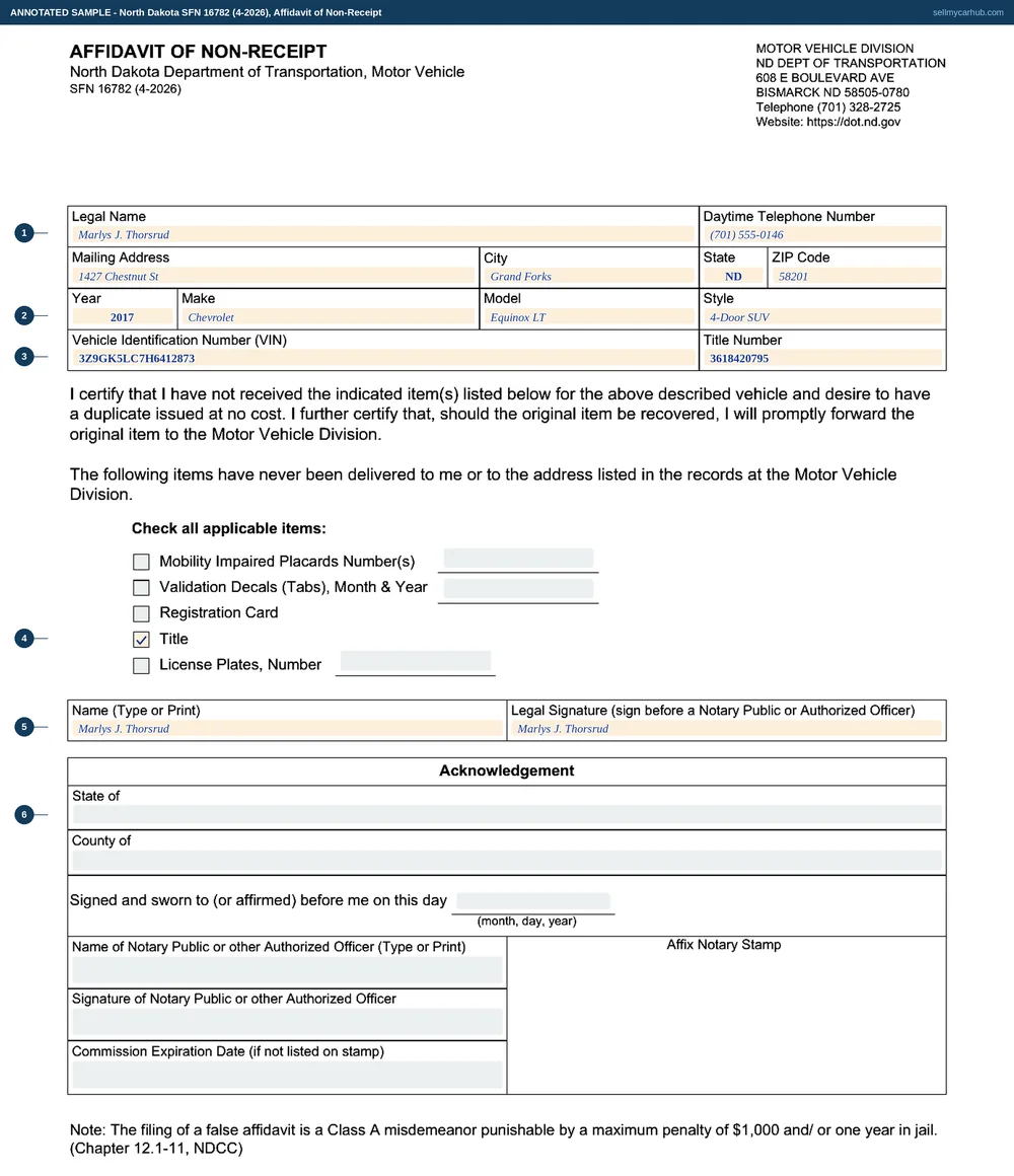 A completed North Dakota SFN 16782, Affidavit of Non-Receipt. The legal name block names Marlys J. Thorsrud of 1427 Chestnut St, Grand Forks, North Dakota 58201, with a daytime telephone number. The vehicle line reads 2017, Chevrolet, Equinox LT, 4-Door SUV, followed by the identification number and the title number. Of the five check boxes only Title is ticked; the mobility impaired placard, validation decal, registration card and licence plate rows are shaded grey. The name is printed and the legal signature line signed. The Acknowledgement block beneath is shaded grey.
