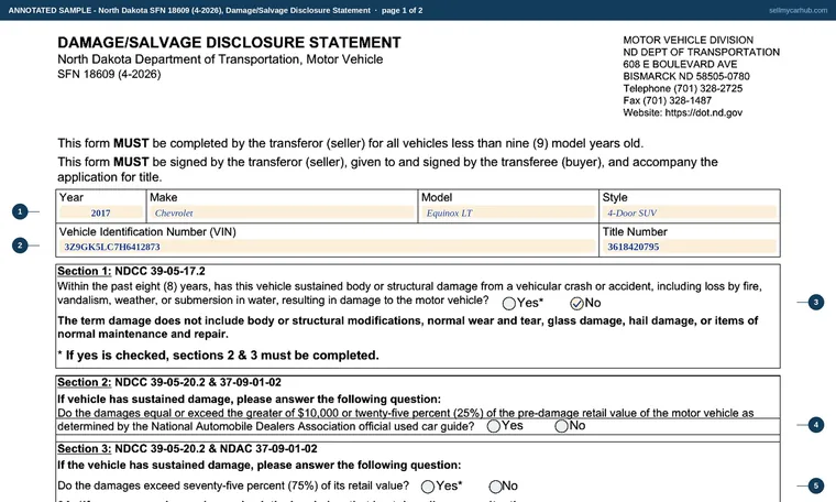 Top of page 1 of our filled-in example of North Dakota SFN 18609, Damage/Salvage Disclosure Statement