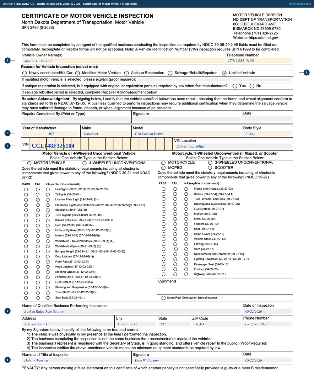 A completed North Dakota SFN 2486, Certificate of Motor Vehicle Inspection. The vehicle owner is Marlys J. Thorsrud with a telephone number. Of the five reasons, Untitled Vehicle is ticked and the other four are shaded grey. The vehicle is a 1978 Chevrolet C10 Custom Deluxe pickup with its thirteen-character vehicle identification number and a VIN location of driver door pillar. The two equipment checklists and the vehicle type boxes are shaded grey. The qualified business is Bakken Ridge Auto Service of 3110 Gateway Dr, Grand Forks, North Dakota 58203, inspected on 05/22/2026, with inspector Dale W. Fossum named, signed and dated.