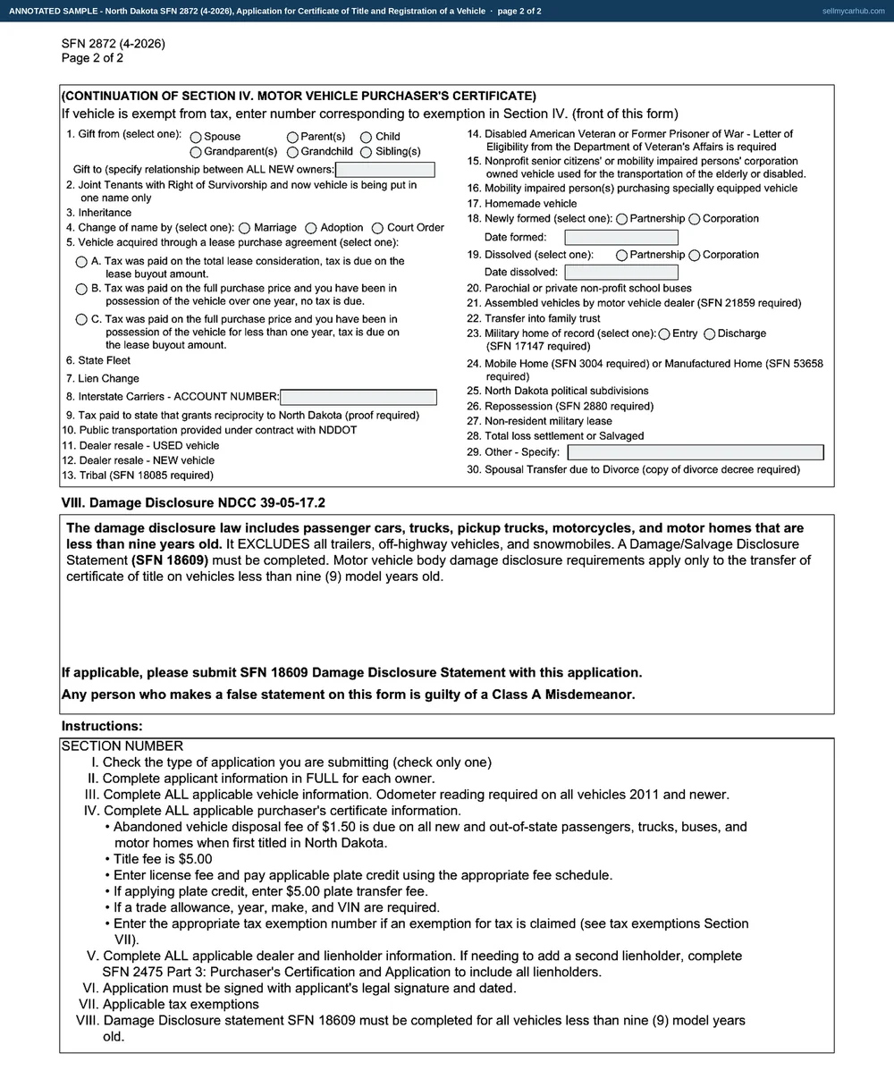 A completed North Dakota SFN 2872, Application for Certificate of Title and Registration of a Vehicle, page one. Title Process is ticked in section I. Section II names the applicant Desmond R. Kalvig of 908 Prairiewood Dr S, Fargo, Cass County, with co-applicant Renae M. Kalvig, the vehicle marked as not leased and the And/Joint Tenants with Right of Survivorship conjunction chosen. Section III shows the North Dakota title number, a 2017 Chevrolet Equinox LT, 4-Door SUV, in graphite, its vehicle identification number, a registered weight of 3,700 and an odometer reading of 92,480 with Actual Mileage ticked. Section IV shows a full purchase price of 11,650.00, tax of 582.50, a title fee of 5.00, a vehicle license fee of 69.00 and total fees due of 656.50. Section VI carries the buyer's signature and printed name dated 08/21/2026.