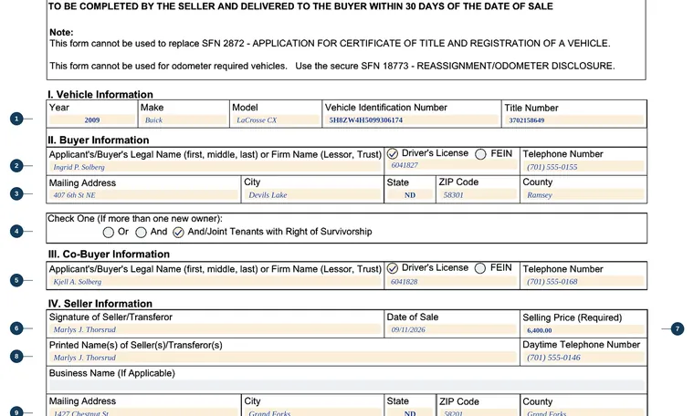 Part of our filled-in example of North Dakota SFN 2877, Part 1, Assignment and Warranty of Title, showing the filled-in entries