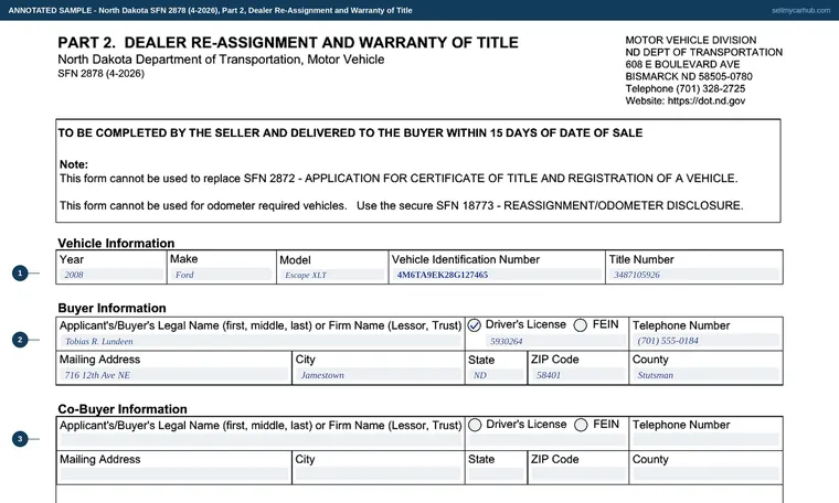 Top of our filled-in example of North Dakota SFN 2878, Part 2, Dealer Re-Assignment and Warranty of Title