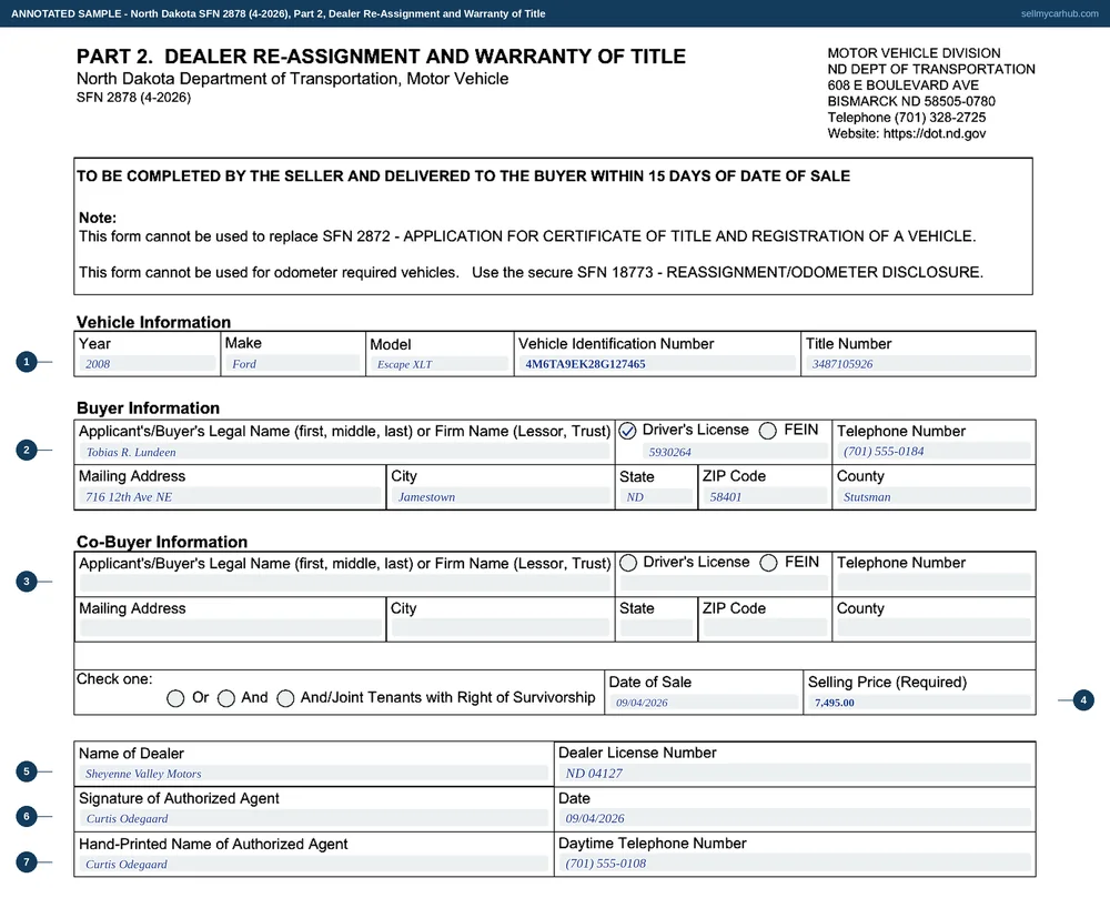 A completed North Dakota SFN 2878, Part 2, Dealer Re-Assignment and Warranty of Title. The vehicle line shows a 2008 Ford Escape XLT with its vehicle identification number and title number. The buyer block names Tobias R. Lundeen of 716 12th Ave NE, Jamestown, North Dakota 58401, Stutsman County. The co-buyer block is shaded grey. The Or box is ticked, with a date of sale of 09/04/2026 and a selling price of 7,495.00. The dealer block names Sheyenne Valley Motors with dealer license number ND 04127, signed by authorized agent Curtis Odegaard with his hand-printed name and telephone number.