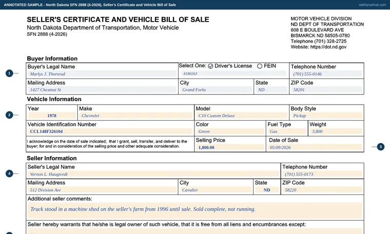 Top of our filled-in example of North Dakota SFN 2888, Seller's Certificate and Vehicle Bill of Sale