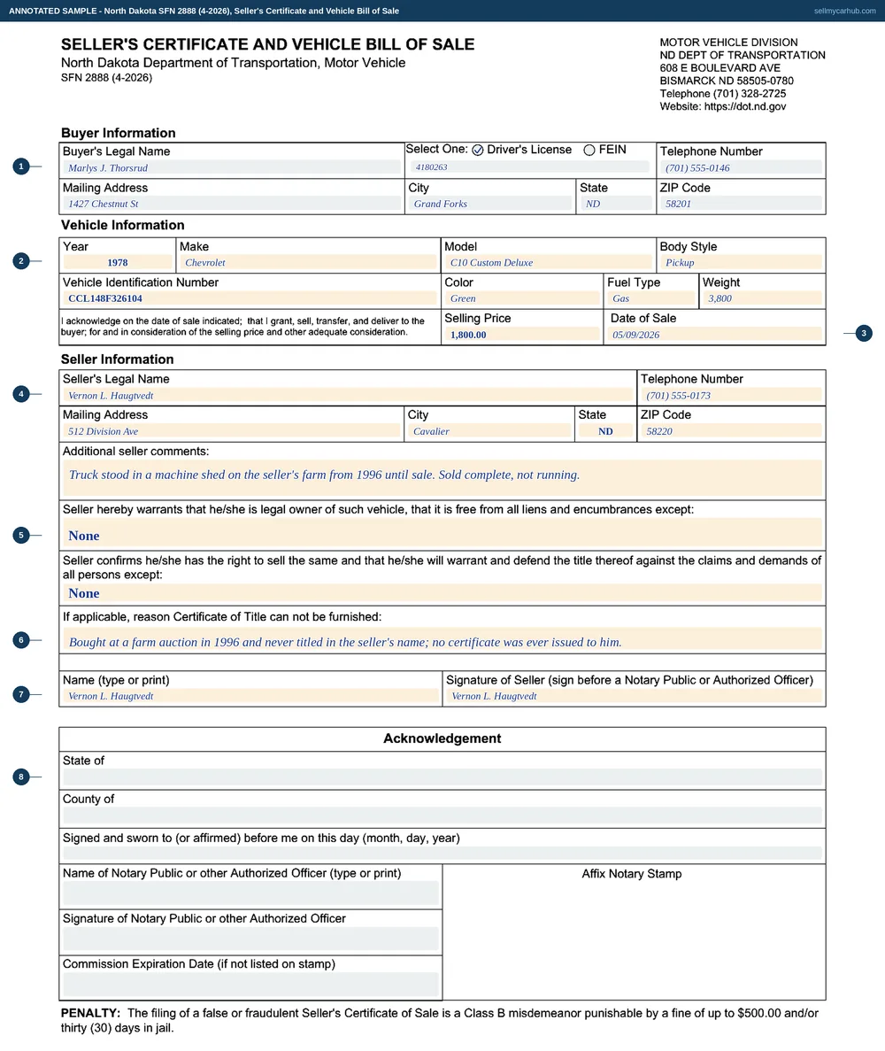 A completed North Dakota SFN 2888, Seller's Certificate and Vehicle Bill of Sale. The buyer block names Marlys J. Thorsrud, at 1427 Chestnut St in Grand Forks, ZIP code 58201. The vehicle rows show a 1978 Chevrolet C10 Custom Deluxe pickup, green, gas, weight 3,800, with its thirteen-character vehicle identification number. The selling price is 1,800.00 and the date of sale 05/09/2026. The seller is Vernon L. Haugtvedt of 512 Division Ave, Cavalier, North Dakota 58220. The comments record that the truck stood in a machine shed on the seller's farm from 1996 until sale and was sold complete but not running. Both warranty exception lines read None, and the reason a certificate cannot be furnished records that the truck was bought at a farm auction in 1996 and never titled in the seller's name. The name is printed and the signature line signed. The Acknowledgement block beneath is shaded grey.