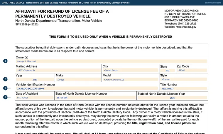 Top of our filled-in example of North Dakota SFN 2889, Affidavit for Refund of License Fee of a Permanently Destroyed Vehicle