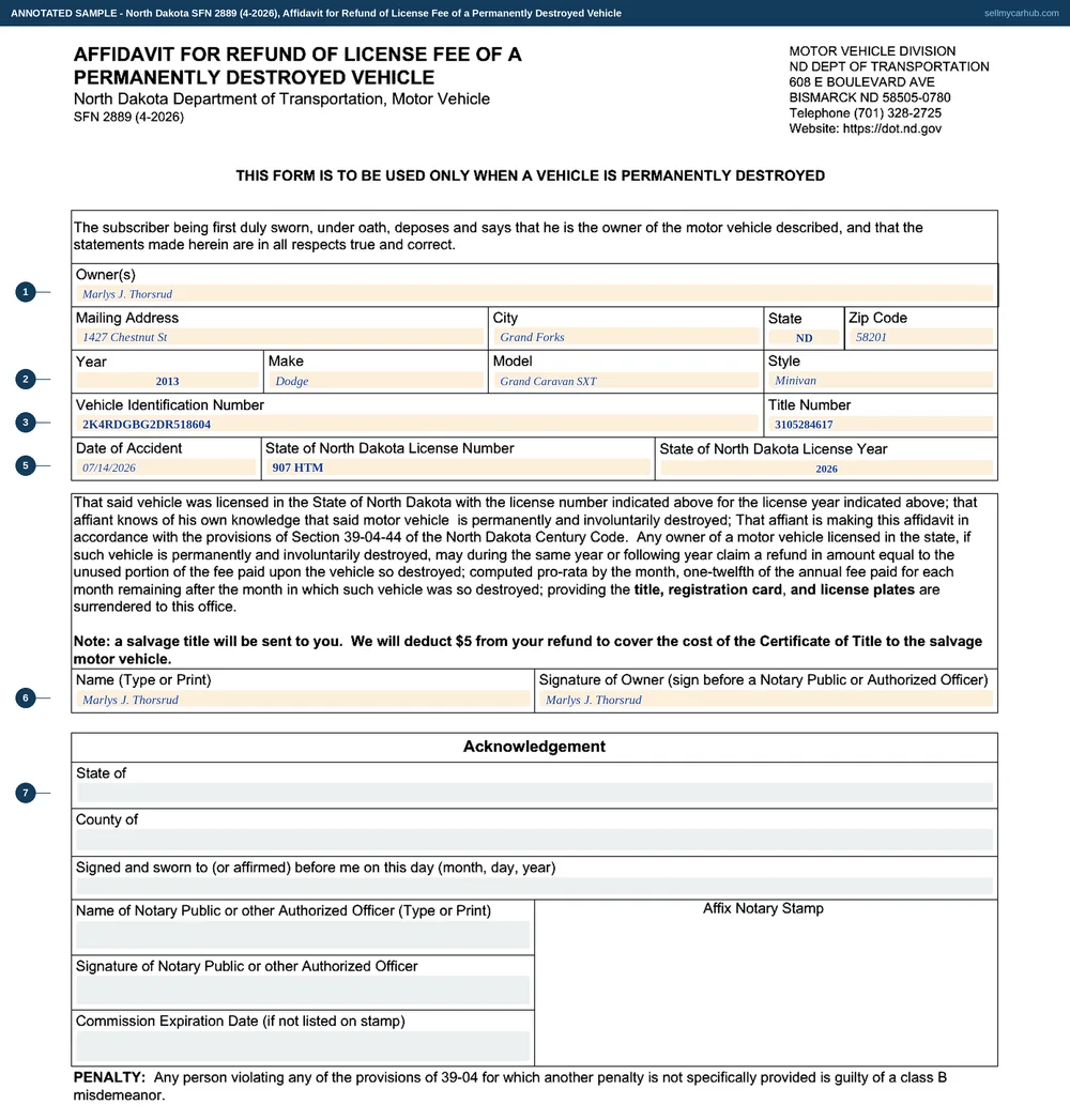 A completed North Dakota SFN 2889, Affidavit for Refund of License Fee of a Permanently Destroyed Vehicle. The owner block names Marlys J. Thorsrud, 1427 Chestnut St, Grand Forks, ZIP 58201. The vehicle rows show a 2013 Dodge Grand Caravan SXT minivan with its vehicle identification number and title number. The date of accident is 07/14/2026, with North Dakota licence number 907 HTM and licence year 2026. The name is printed and the signature of owner line signed. The Acknowledgement block beneath is shaded grey.