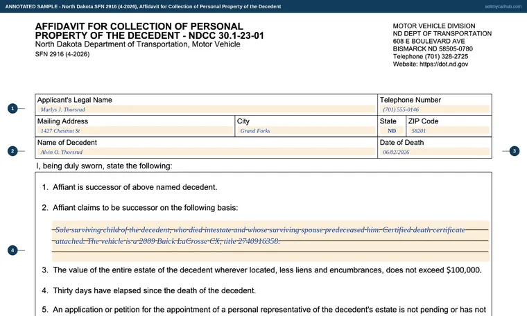Top of our filled-in example of North Dakota SFN 2916, Affidavit for Collection of Personal Property of the Decedent