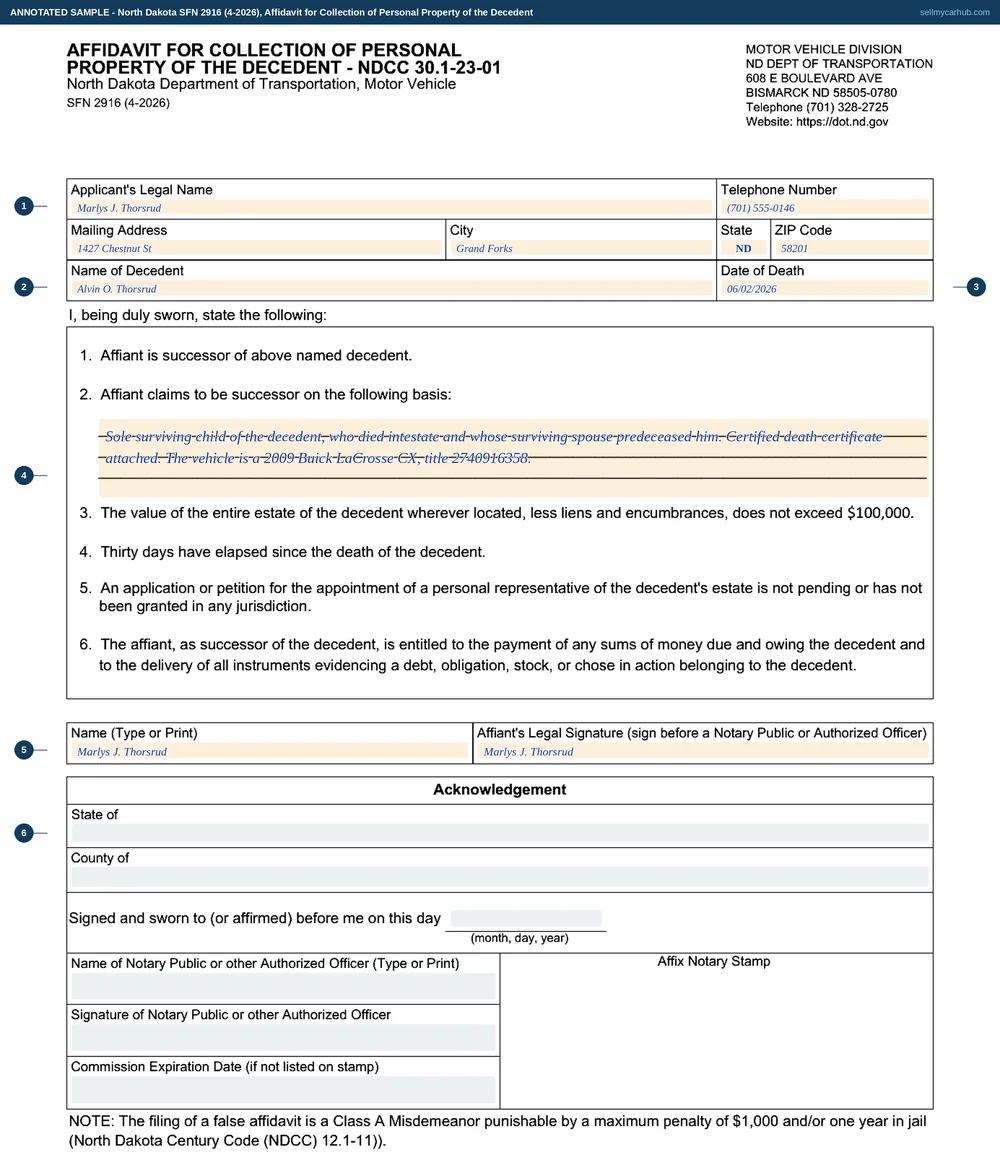 A completed North Dakota SFN 2916, Affidavit for Collection of Personal Property of the Decedent under NDCC 30.1-23-01. The applicant is Marlys J. Thorsrud, whose address is given as 1427 Chestnut St in Grand Forks, ZIP 58201. The decedent is named as Alvin O. Thorsrud with a date of death of 06/02/2026. The basis of the successor claim reads that she is the sole surviving child of the decedent, who died intestate and whose surviving spouse predeceased him, with a certified death certificate attached, and identifies the vehicle as a 2009 Buick LaCrosse CX with its title number. The name is printed and the affiant's legal signature line signed. The Acknowledgement block beneath is shaded grey.