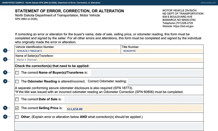 Top of our filled-in example of North Dakota SFN 2964, Statement of Error, Correction, or Alteration