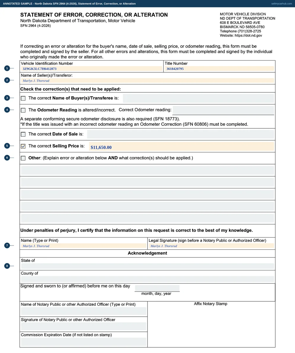 A completed North Dakota SFN 2964, Statement of Error, Correction, or Alteration. The vehicle identification number and title number are entered across the top and the name of seller reads Marlys J. Thorsrud. Of the five correction options only The correct Selling Price is ticked, with the entry $11,650.00; the buyer name, odometer, date of sale and Other options are shaded grey. The name is printed and the legal signature line signed. The Acknowledgement block beneath is shaded grey.