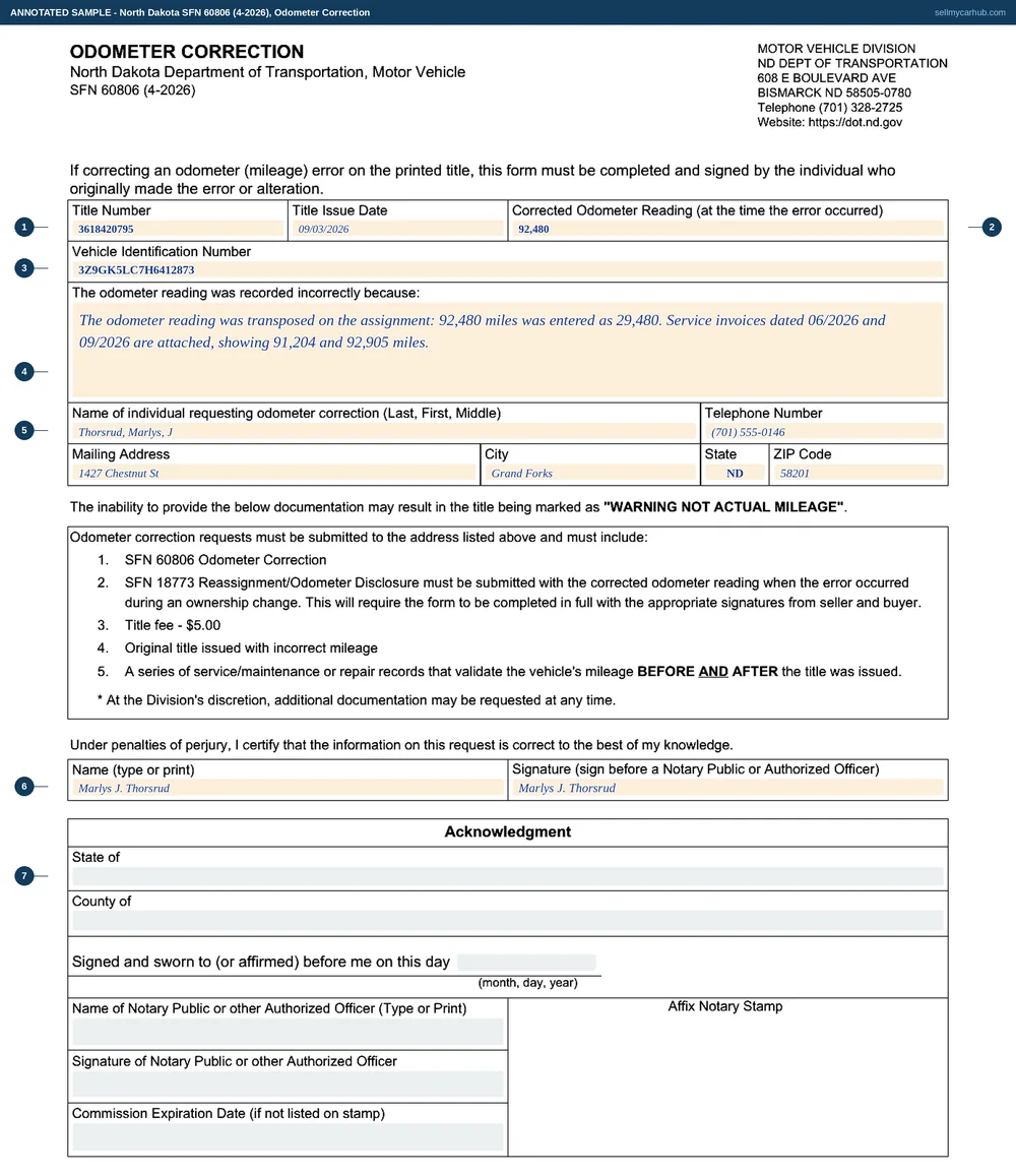 A completed North Dakota SFN 60806, Odometer Correction. The title number and title issue date of 09/03/2026 are entered, with a corrected odometer reading of 92,480 and the vehicle identification number below. The explanation block records that the odometer reading was transposed on the assignment, 92,480 entered as 29,480, with service invoices dated June and September 2026 attached showing 91,204 and 92,905 miles. The requestor is named as Thorsrud, Marlys, J of 1427 Chestnut St, Grand Forks, North Dakota 58201. The name is printed and the signature line signed. The Acknowledgment block beneath is shaded grey.