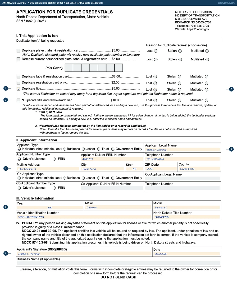 A completed North Dakota SFN 61982, Application for Duplicate Credentials. In section I the Duplicate title row is ticked at $5.00 with the Lost reason box marked; the plates, tabs, registration card and duplicate-title-with-lien rows are shaded grey. Section II names the applicant Marlys J. Thorsrud, an individual, of 1427 Chestnut St, Grand Forks, North Dakota 58201, Grand Forks County, with her driver's licence number and telephone. Section III shows a 2017 Chevrolet Equinox LT with its vehicle identification number and North Dakota title number. The applicant's signature is dated 08/12/2026, and the co-applicant block is grey.
