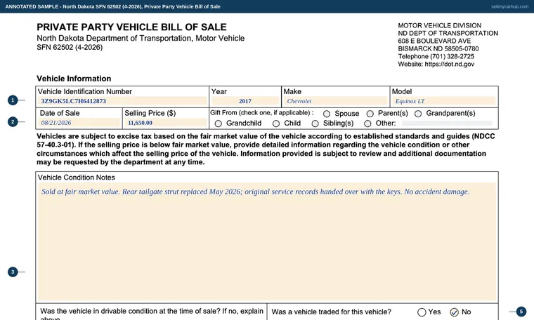 Top of our filled-in example of North Dakota SFN 62502, Private Party Vehicle Bill of Sale