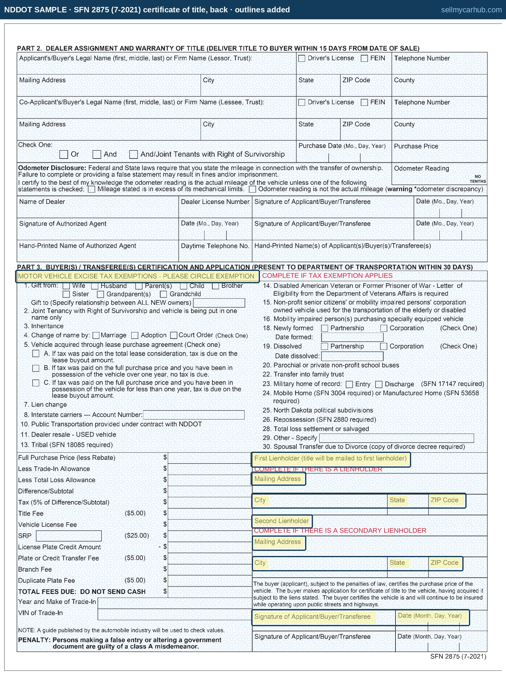 The back of the North Dakota sample certificate of title, showing Part 2, Dealer Re-Assignment and Warranty of Title, and Part 3, Purchaser's Certification and Application, with the buyer's entries washed yellow by the department and outlines added.
