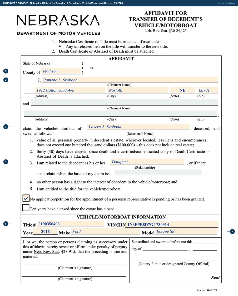 A completed Nebraska Affidavit for Transfer of Decedent's Vehicle/Motorboat. The venue names Madison County. The claimant is Ramona L. Svoboda of 1912 Cottonwood Ave, Norfolk, NE 68701, claiming the vehicle of Lavern A. Svoboda, deceased, as his daughter. The condition box stating that no petition for a personal representative is pending or has been granted is ticked. The vehicle information block shows a title number, the vehicle identification number, and a 2016 Ford Escape SE. The claimant signature lines and the notary block at the foot print without fillable fields and stay empty, waiting for the notary visit.