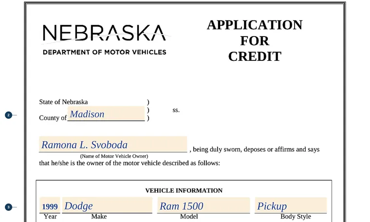 Part of our filled-in example of Nebraska Credit Application, Application for Credit, showing the filled-in entries