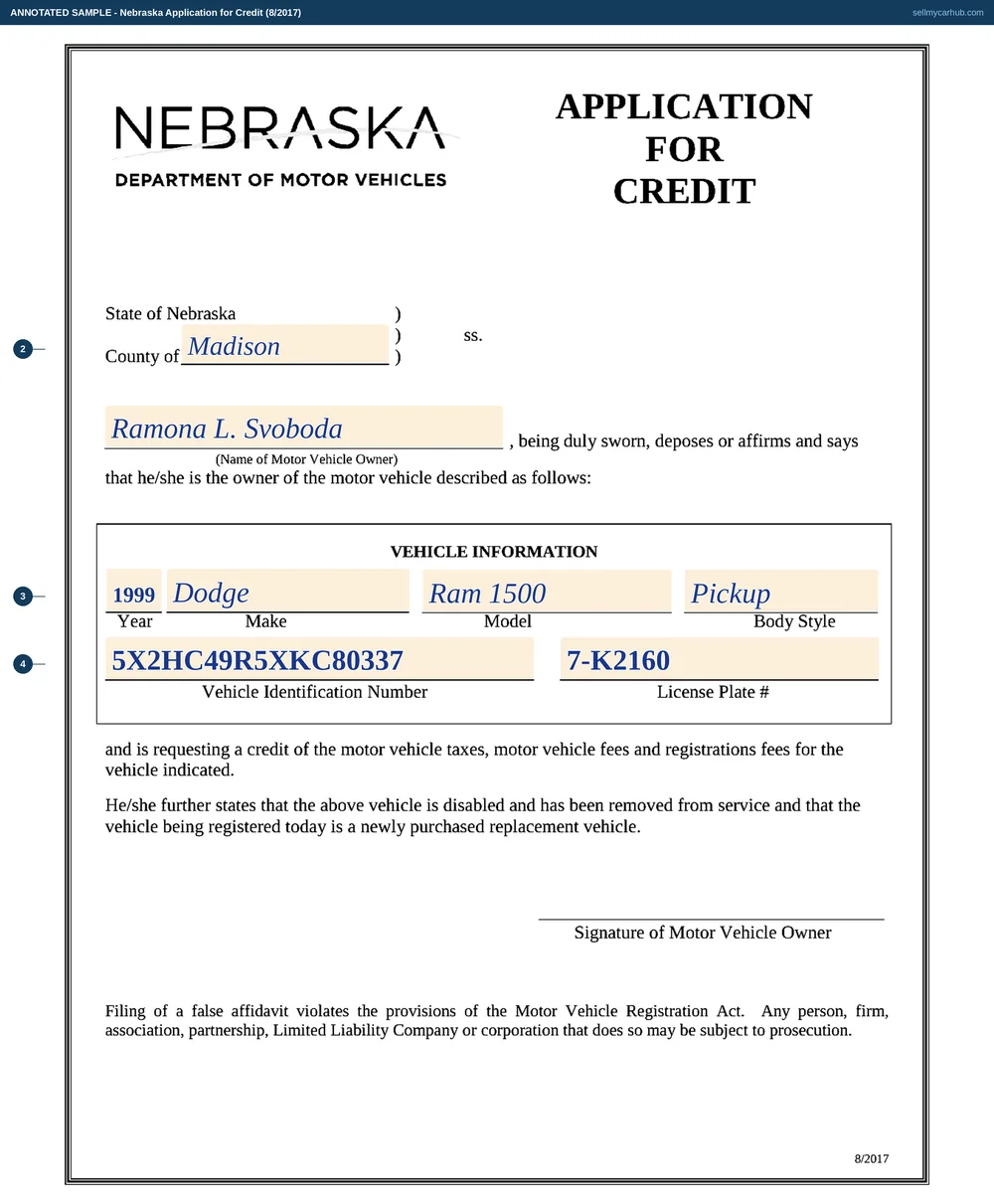 A completed Nebraska Application for Credit. The venue names Madison County, the owner line names Ramona L. Svoboda, and the vehicle information block describes a disabled 1999 Dodge Ram 1500 pickup with its vehicle identification number and license plate number 7-K2160. The signature line above the printed warning about false affidavits is left for the counter, where the affidavit is sworn.