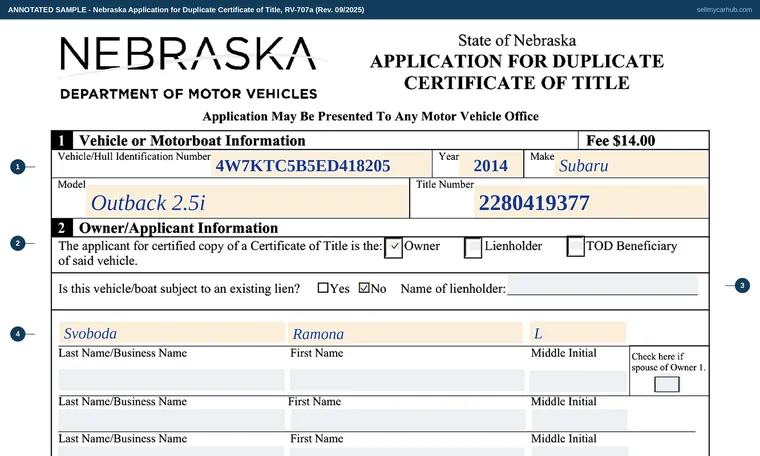 Top of our filled-in example of Nebraska RV-707a, Application for Duplicate Certificate of Title