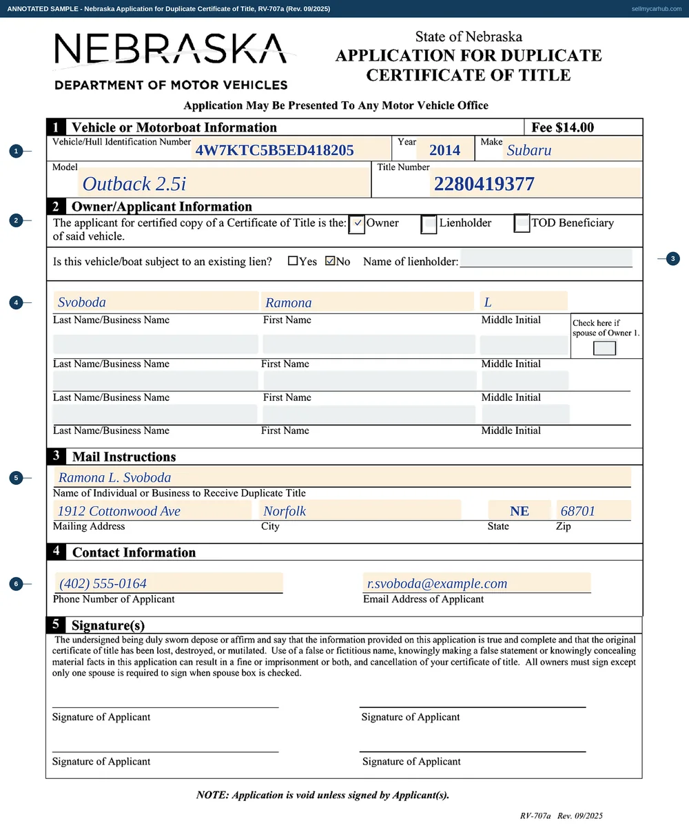 A completed Nebraska Application for Duplicate Certificate of Title, RV-707a. The vehicle information block shows a 2014 Subaru Outback 2.5i with its vehicle identification number and a title number. The applicant is marked as Owner, the existing-lien question is answered No, and the owner row names Svoboda, Ramona, L. The mail instructions direct the duplicate to Ramona L. Svoboda at 1912 Cottonwood Ave, Norfolk, NE 68701, and the contact block carries a phone number and email address. The lienholder name line and the three spare owner rows are shaded grey, and the signature lines at the foot print without fillable fields, left for ink.