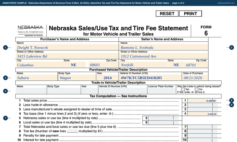 Top of page 1 of our filled-in example of Nebraska Form 6, Sales/Use Tax and Tire Fee Statement for Motor Vehicle and Trailer Sales