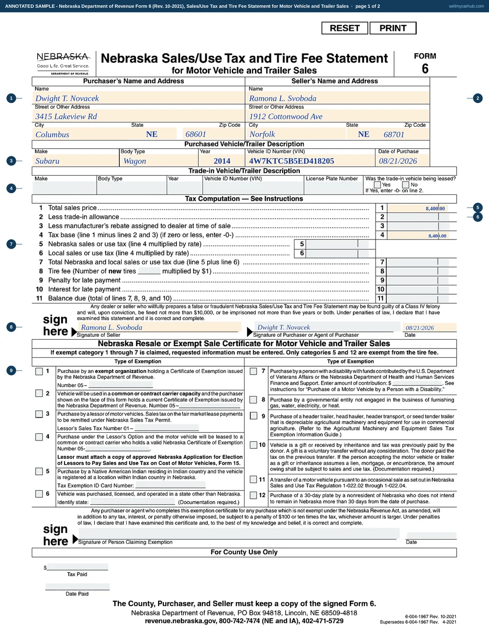 A completed Nebraska Department of Revenue Form 6, Nebraska Sales/Use Tax and Tire Fee Statement for Motor Vehicle and Trailer Sales, page one. The purchaser column names Dwight T. Novacek of 3415 Lakeview Rd, Columbus, Nebraska 68601 and the seller column names Ramona L. Svoboda of 1912 Cottonwood Ave, Norfolk, Nebraska 68701. The purchased vehicle row shows a 2014 Subaru, body type wagon, with its vehicle identification number and a date of purchase of 08/21/2026. Line 1 carries a total sales price of $8,400.00 and line 4 the same figure as the tax base. The seller and purchaser signature lines are completed and dated. The trade-in row, the tax computation lines 5 through 11, the exemption certificate and the For County Use Only block are shaded grey.