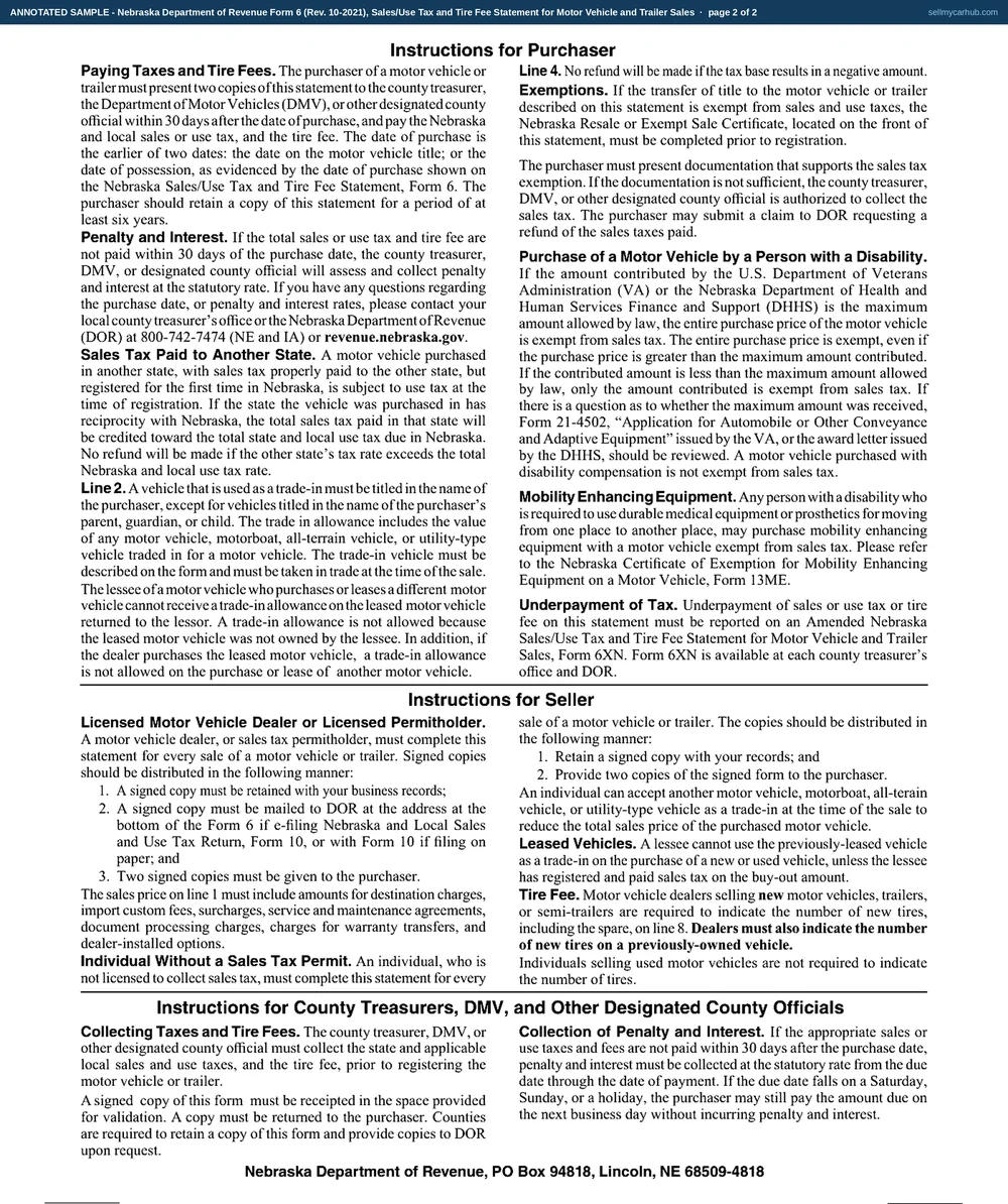 A completed Nebraska Department of Revenue Form 6, Nebraska Sales/Use Tax and Tire Fee Statement for Motor Vehicle and Trailer Sales, page one. The purchaser column names Dwight T. Novacek of 3415 Lakeview Rd, Columbus, Nebraska 68601 and the seller column names Ramona L. Svoboda of 1912 Cottonwood Ave, Norfolk, Nebraska 68701. The purchased vehicle row shows a 2014 Subaru, body type wagon, with its vehicle identification number and a date of purchase of 08/21/2026. Line 1 carries a total sales price of $8,400.00 and line 4 the same figure as the tax base. The seller and purchaser signature lines are completed and dated. The trade-in row, the tax computation lines 5 through 11, the exemption certificate and the For County Use Only block are shaded grey.