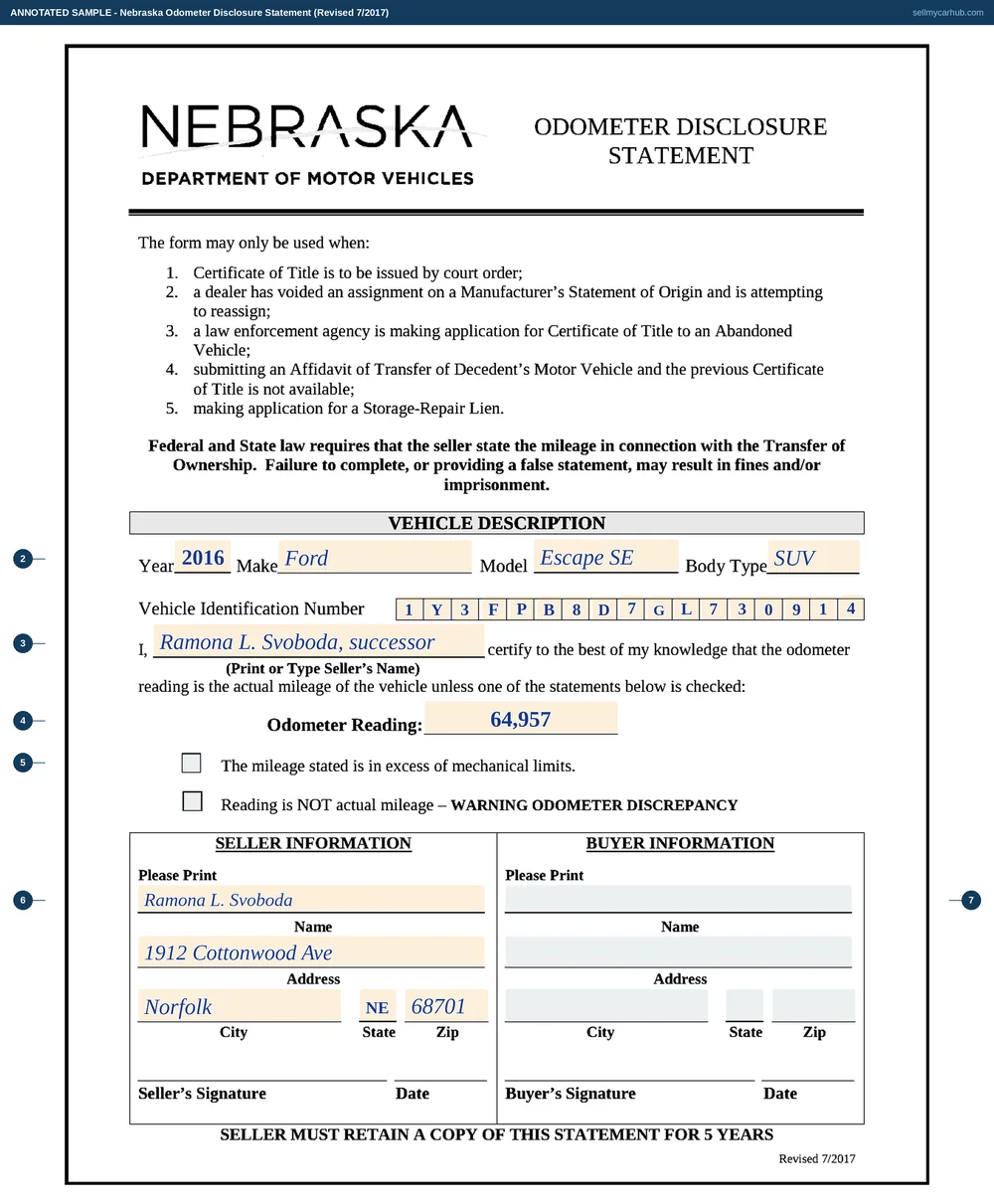 A completed Nebraska Odometer Disclosure Statement, filled in for the decedent's-vehicle case. The vehicle description shows a 2016 Ford Escape SE, body type SUV, with its vehicle identification number written one character per box. The certification names Ramona L. Svoboda, successor of Lavern A. Svoboda, with an odometer reading of 64,957 and neither exception box checked. The seller information block carries her name and Norfolk, Nebraska address. The buyer information block is shaded grey, and the seller's signature and date lines at the foot print without fillable fields and are left for pen.