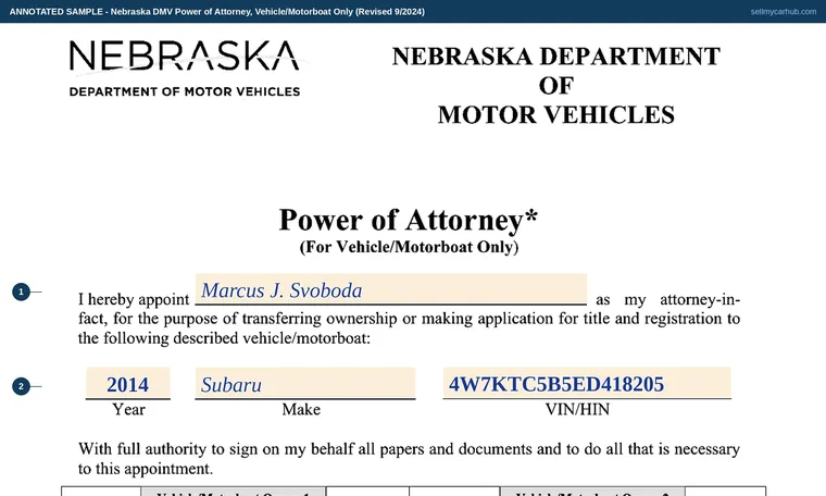 Top of our filled-in example of Nebraska Power of Attorney, Power of Attorney (For Vehicle/Motorboat Only)