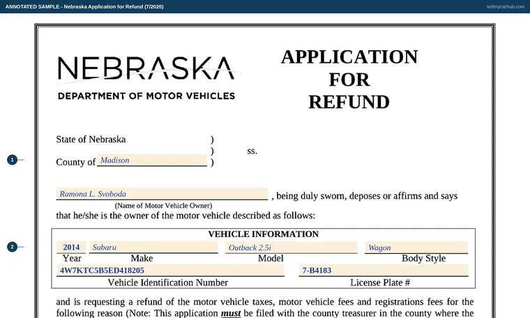 Top of our filled-in example of Nebraska Refund Application, Application for Refund