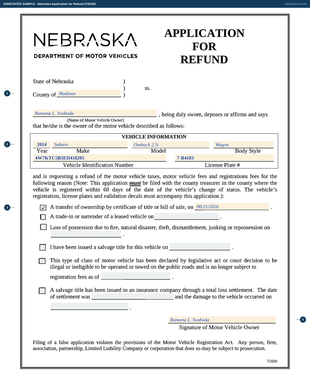 A completed Nebraska Application for Refund. The venue names Madison County. The owner is Ramona L. Svoboda, and the vehicle information shows a 2014 Subaru Outback 2.5i wagon with its vehicle identification number and license plate number 7-B4183. The first checkbox, a transfer of ownership by certificate of title or bill of sale, is ticked with the date 08/21/2026, and the signature line is completed. The other five reason checkboxes and their date lines are shaded grey.