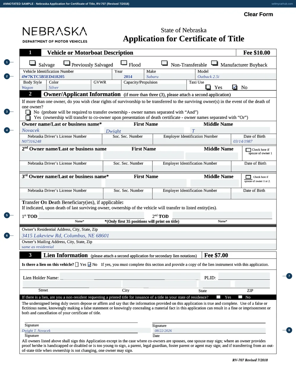 A completed Nebraska Application for Certificate of Title, RV-707, filled in as the buyer would complete it. No brand box is ticked. The vehicle description shows a 2014 Subaru Outback 2.5i wagon in silver with its vehicle identification number and a GVWR entry, and Taxi Use answered No. The survivorship question is ticked No. Owner 1 is Dwight T. Novacek with a Nebraska driver's license number and date of birth, with residential and mailing addresses in Columbus, Nebraska. The Transfer On Death lines are blank. The lien question is ticked No and the lien holder block is shaded grey, as are the second and third owner rows. One signature line is completed and dated.