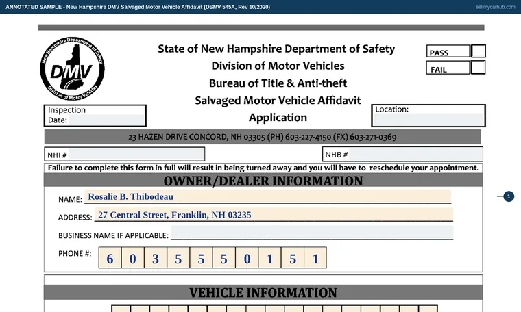 Top of our filled-in example of New Hampshire DSMV 545A, Salvaged Motor Vehicle Affidavit