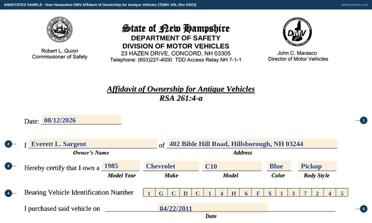Top of our filled-in example of New Hampshire TDMV 105, Affidavit of Ownership for Antique Vehicles