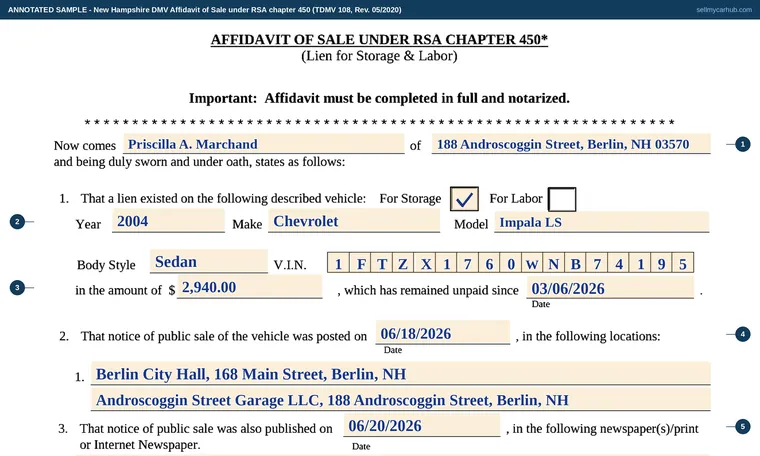 Top of our filled-in example of New Hampshire TDMV 108, Affidavit of Sale for a Mechanics Lien or Storage Fees