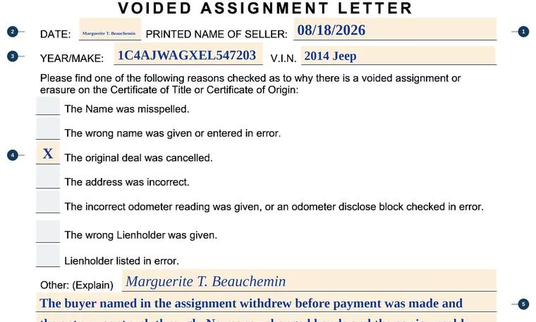 Part of our filled-in example of New Hampshire TDMV 111, Voided Assignment Letter, showing the filled-in entries