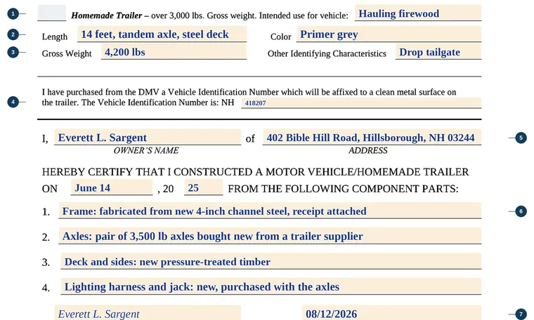 Part of our filled-in example of New Hampshire TDMV 112, Reconstructed Vehicle / Homemade Trailer, showing the filled-in entries
