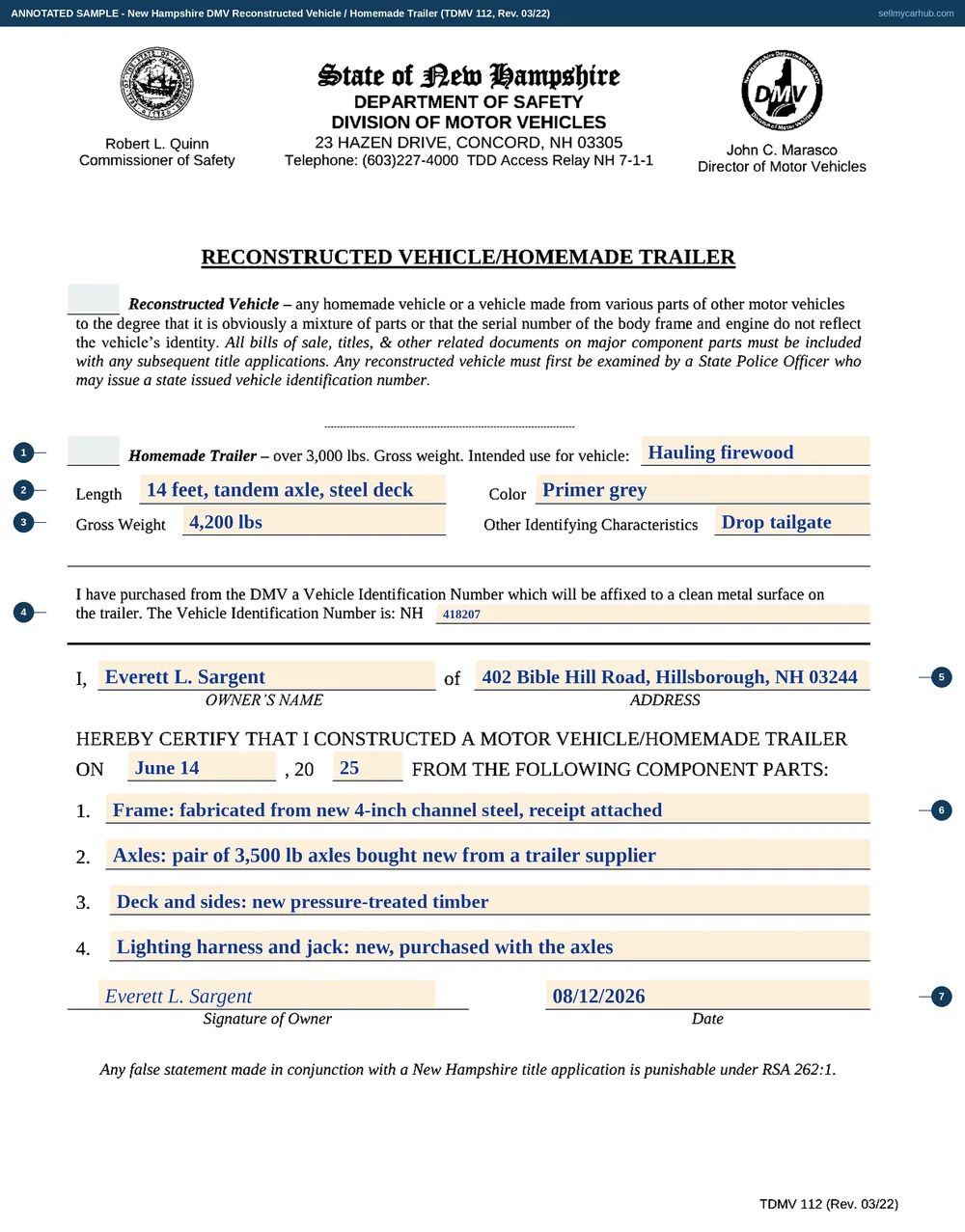 The New Hampshire Reconstructed Vehicle and Homemade Trailer form, TDMV 112, filled in as an annotated sample. The homemade trailer block carries an intended use, a length, a colour, a gross weight and other identifying characteristics. The certification about a vehicle identification number purchased from the DMV is completed with the number written after the printed letters NH. The owner line names Everett L. Sargent of Hillsborough, the construction date is filled in, and the four numbered component part lines carry the parts used. The signature and date are at the foot.